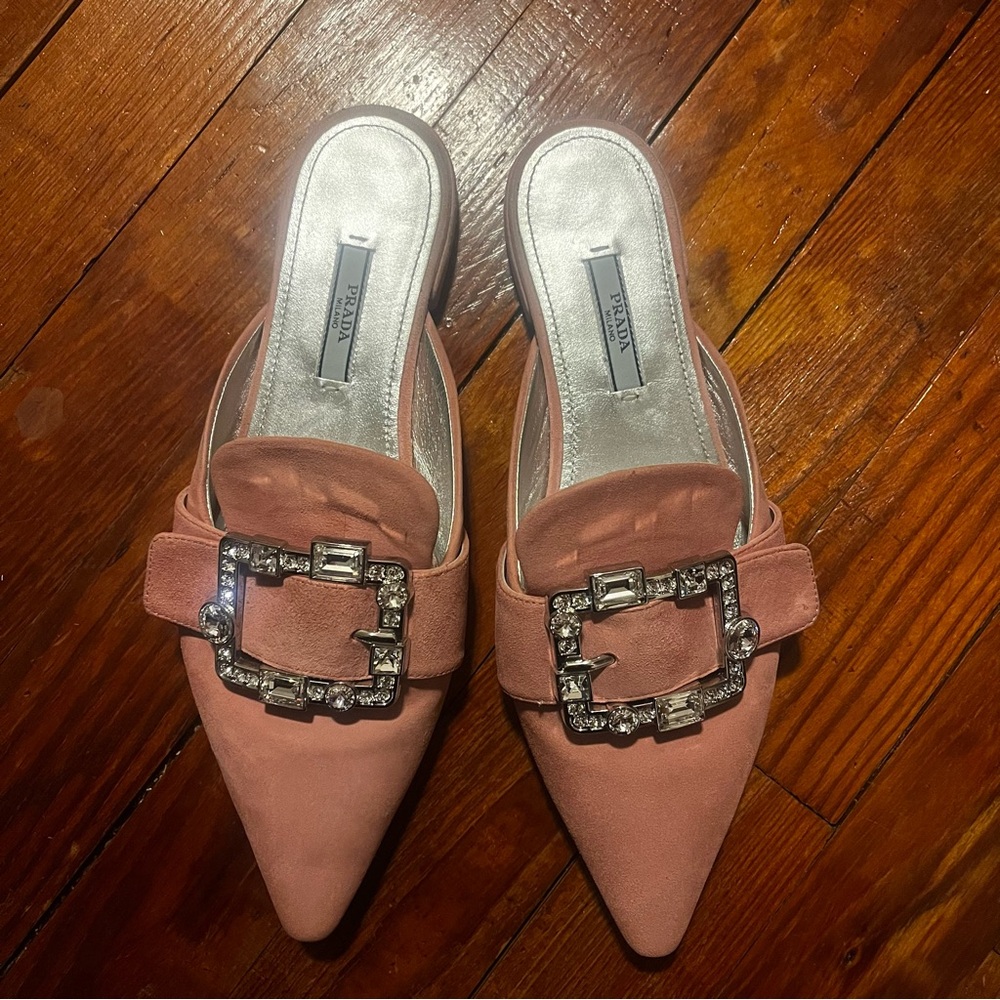 Prada Rose Pink Jeweled Buckle Suede Mule - Picture 5 of 8
